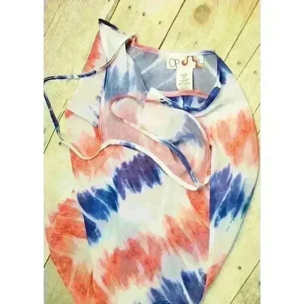 OP Woman RED WHITE & BLUE Sheer TIE DYE Beach Cover Dress Lightweight size Small - Picture 4 of 4